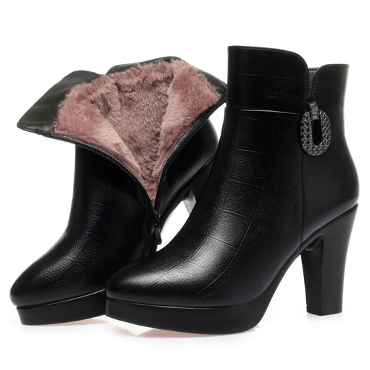 Chunky Heel platforma ženy bavlnené topánky mäkké kožené zimné teplé hrubé plyšové protišmykové jednoduché módne vysoké podpätky snehové topánky