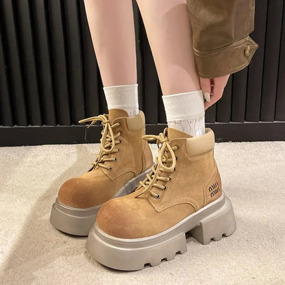 Členkové pracovné topánky ženy Chunky platforma Chelsea Non Slip ženy topánky dizajnér zimné nové čipky do ležérne značky Trendy Botas Mujer