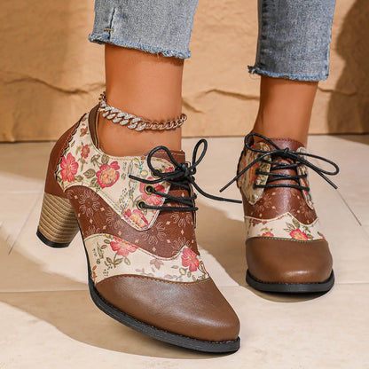 Bohémske ženy PU kožené topánky etnický štýl čipky do módy ležérne Vintage topánky zips vysoký podpätok krátke topánky Botas Mujer