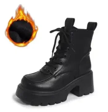 7CM Nové zimné ženy teplé snehové topánky kolo Toe Chunky podpätky členkové topánky vysoká platforma kožené topánky pre ženy bojové krátke topánky