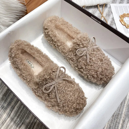 2025 Dámske plyšové bavlnené topánky na jesenné a zimné nosenie Ploché topánky s jahňacou vlnou a zamatovým motýľom Uzol Bean Single Shoes