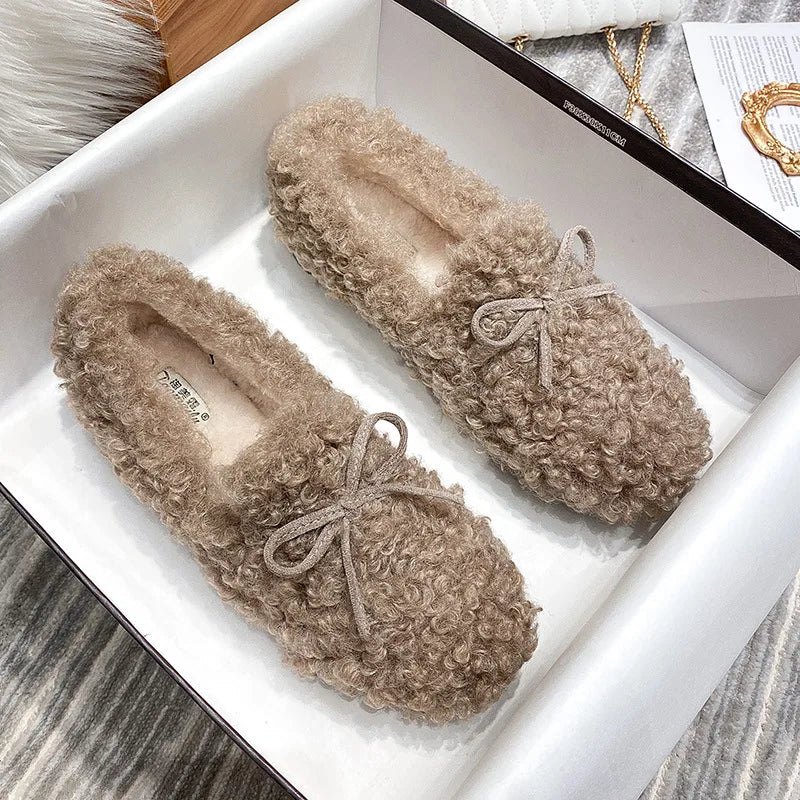 2025 Dámske plyšové bavlnené topánky na jesenné a zimné nosenie Ploché topánky s jahňacou vlnou a zamatovým motýľom Uzol Bean Single Shoes