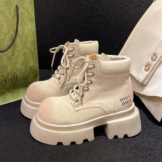 Členkové pracovné topánky ženy Chunky platforma Chelsea Non Slip ženy topánky dizajnér zimné nové čipky do ležérne značky Trendy Botas Mujer
