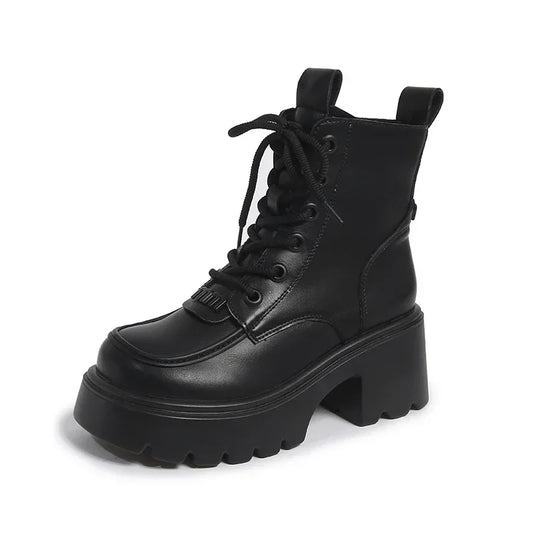 7CM Nové zimné ženy teplé snehové topánky kolo Toe Chunky podpätky členkové topánky vysoká platforma kožené topánky pre ženy bojové krátke topánky