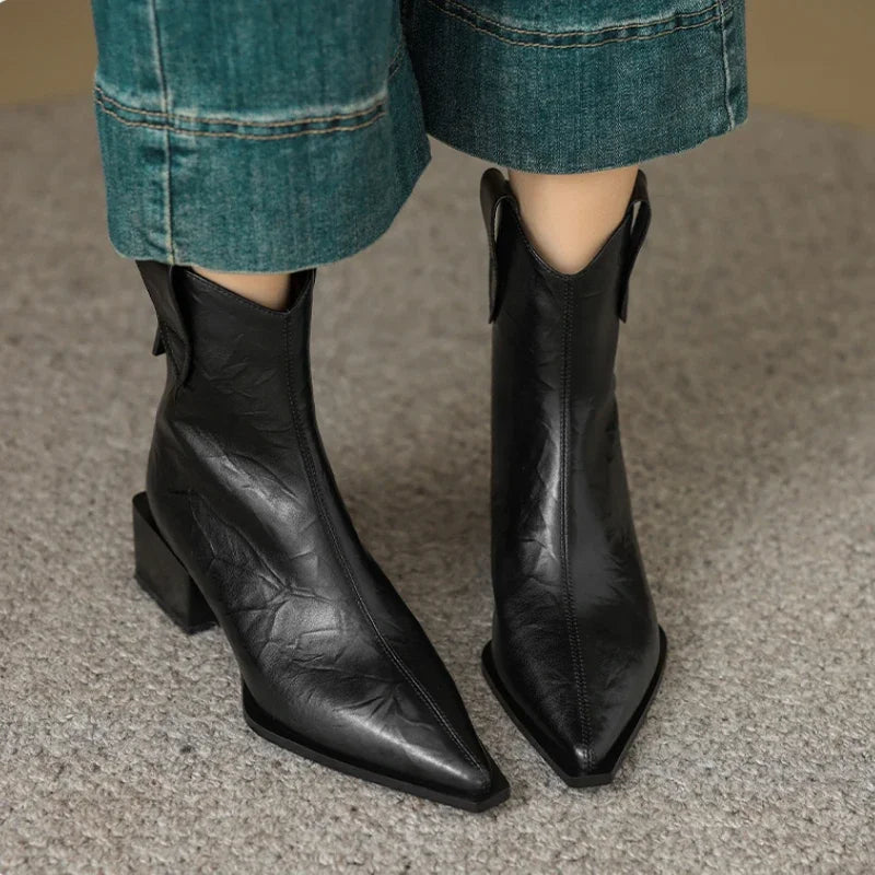 2025 Špicatá špička Dámske westernové kovbojské topánky Móda Slip on Chelsea Booties Retro štýl Jesenné dámske topánky s hrubým podpätkom 5CM