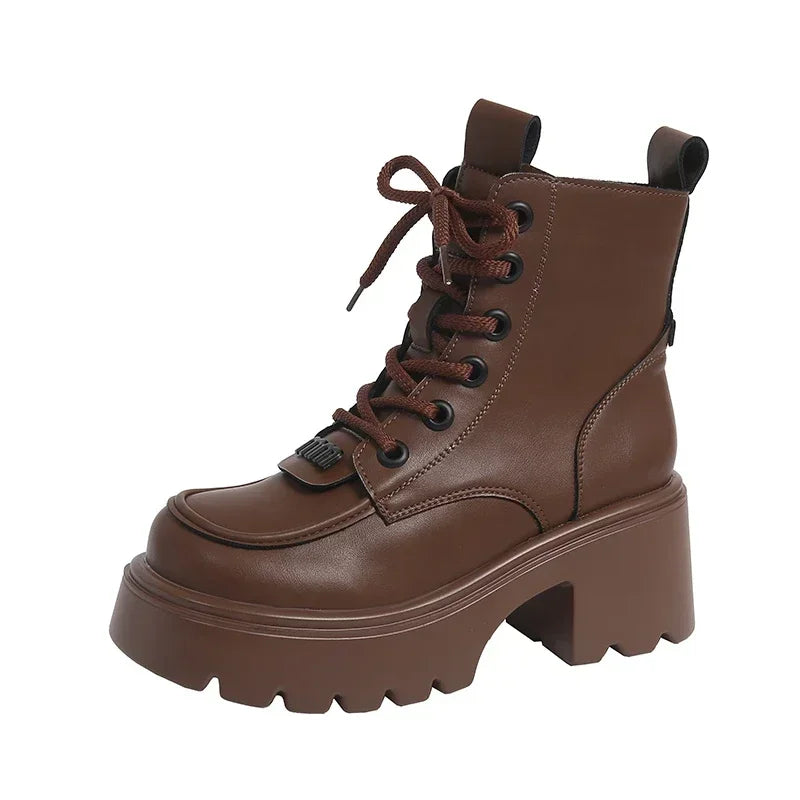 7CM Nové zimné ženy teplé snehové topánky kolo Toe Chunky podpätky členkové topánky vysoká platforma kožené topánky pre ženy bojové krátke topánky