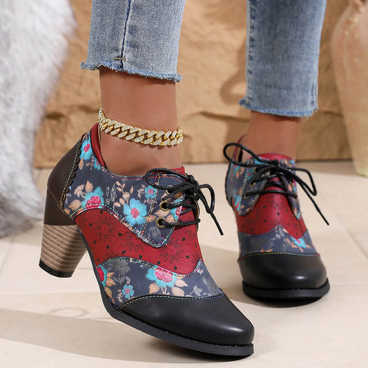 Bohémske ženy PU kožené topánky etnický štýl čipky do módy ležérne Vintage topánky zips vysoký podpätok krátke topánky Botas Mujer