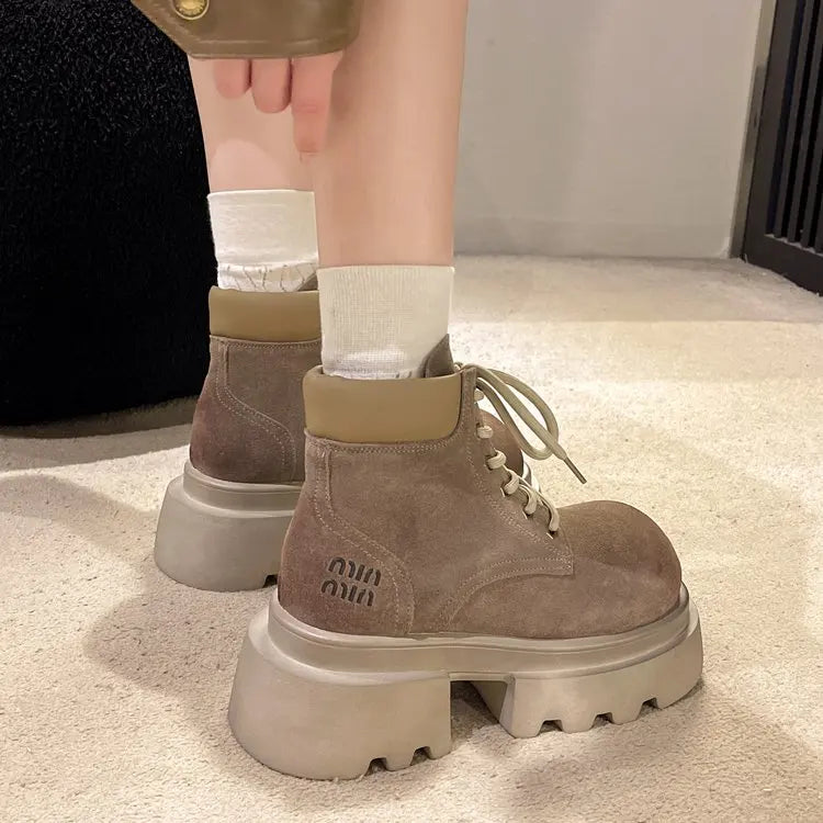 Členkové pracovné topánky ženy Chunky platforma Chelsea Non Slip ženy topánky dizajnér zimné nové čipky do ležérne značky Trendy Botas Mujer