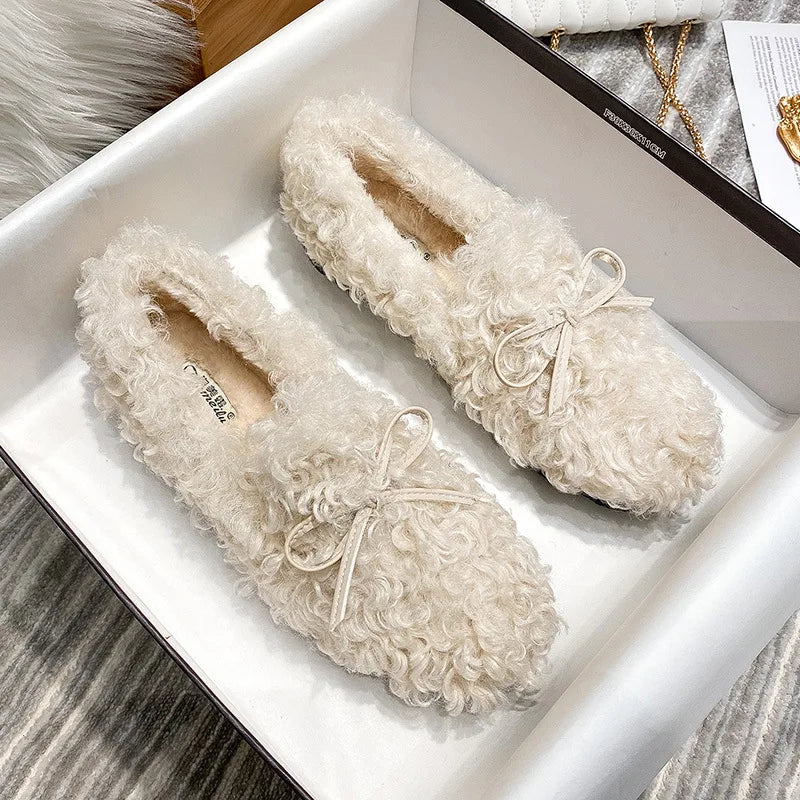 2025 Dámske plyšové bavlnené topánky na jesenné a zimné nosenie Ploché topánky s jahňacou vlnou a zamatovým motýľom Uzol Bean Single Shoes