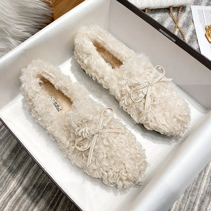 2025 Dámske plyšové bavlnené topánky na jesenné a zimné nosenie Ploché topánky s jahňacou vlnou a zamatovým motýľom Uzol Bean Single Shoes