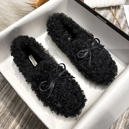 2025 Dámske plyšové bavlnené topánky na jesenné a zimné nosenie Ploché topánky s jahňacou vlnou a zamatovým motýľom Uzol Bean Single Shoes