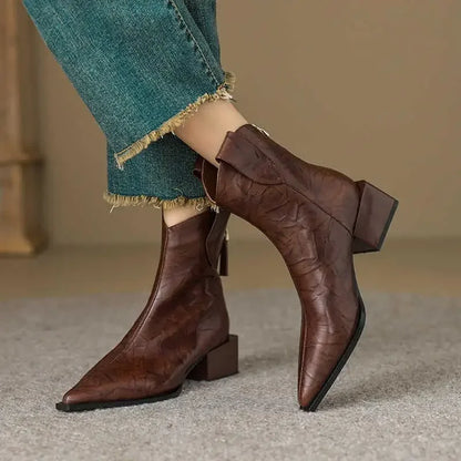 2025 Špicatá špička Dámske westernové kovbojské topánky Móda Slip on Chelsea Booties Retro štýl Jesenné dámske topánky s hrubým podpätkom 5CM