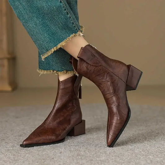 2025 Špicatá špička Dámske westernové kovbojské topánky Móda Slip on Chelsea Booties Retro štýl Jesenné dámske topánky s hrubým podpätkom 5CM