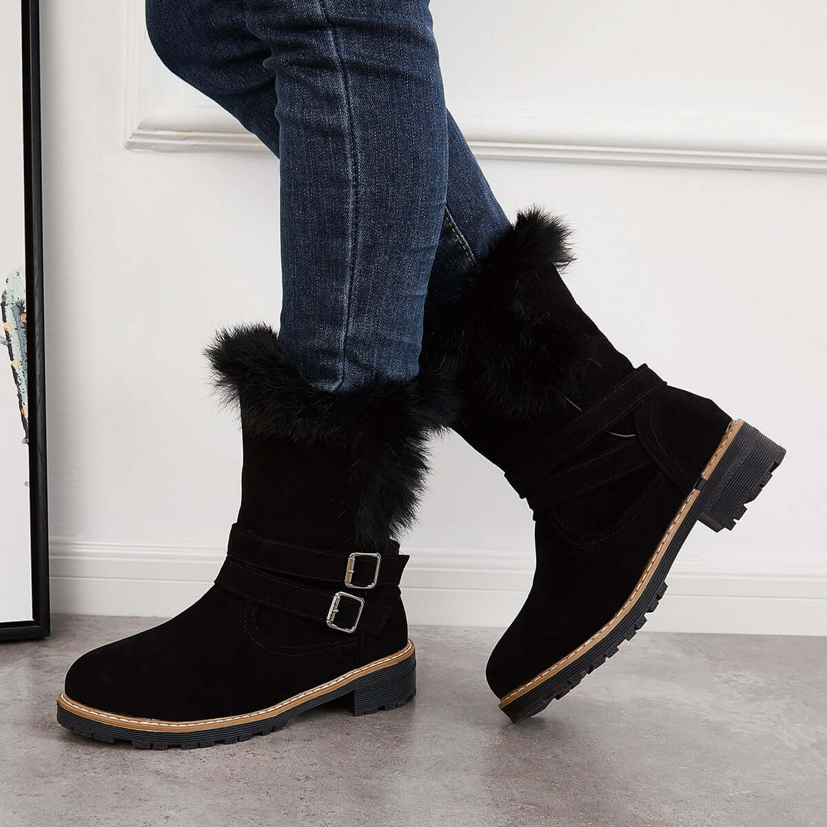 Warm Fur Mid Calf Snow Boots Block Heel Furry Winter Booties Oshnow