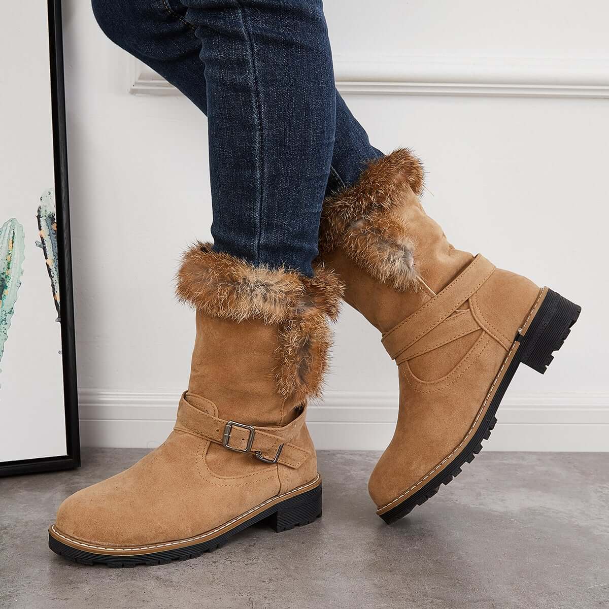 Warm Fur Mid Calf Snow Boots Block Heel Furry Winter Booties Oshnow